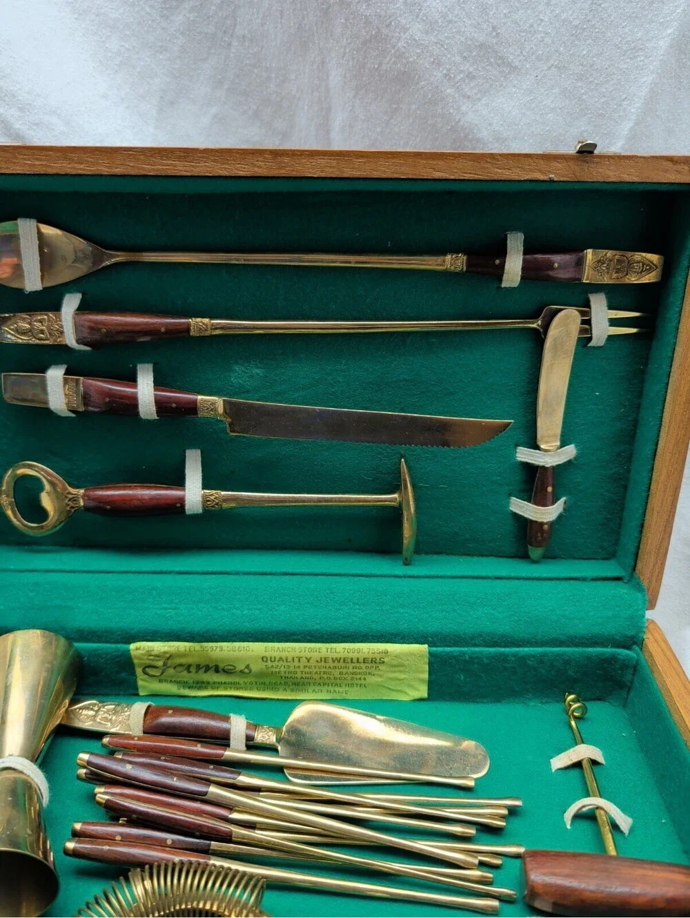 Vintage James Brass Bartender Set In Wood Case 11 Piece